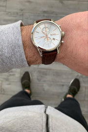Hugo Boss Jet Chronograph Silver Dial Brown Leather Strap Watch for Men - 1513280