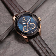 Maserati Traguardo Chronograph Blue Dial Brown Leather Strap Watch For Men - R8871612024