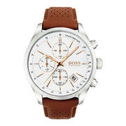 Hugo Boss Grand Prix Chronograph White Dial Brown Leather Strap Watch for Men - 1513475