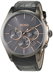 Hugo Boss Onyx Grey Dial Black Leather Strap Watch for Men - 1513366