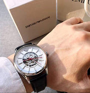 Emporio Armani Meccanico Silver Skeleton Dial Black Leather Strap Watch For Men - AR2072