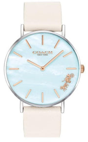 Coach Perry Blue Mother of Pearl Dial White Leather Strap Watch for Women - 14503270