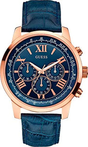 Guess Horizon Chronograph Blue Dial Blue Leather Strap Watch For Men - W0380G5
