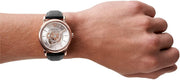 Emporio Armani Luigi Automatic Skeleton Silver Dial Black Leather Strap Watch For Men - AR60013