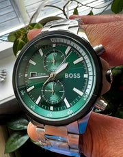 Hugo Boss Globetrotter Chronograph Green Dial Silver Steel Strap Watch for Men - 1513930
