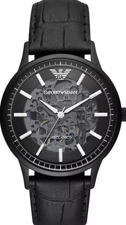 Emporio Armani Meccanico Automatic Skeleton Black Dial Black Leather Strap Watch For Men - AR60042