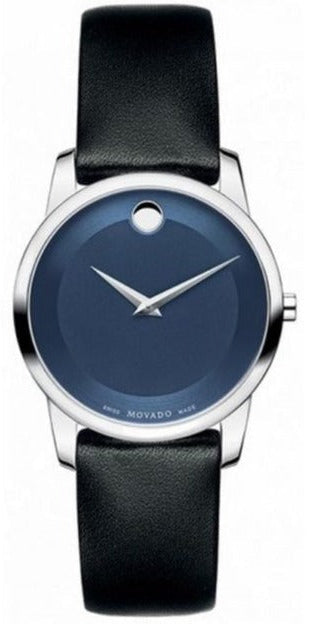 Movado Museum Blue Dial Black Leather Strap Watch For Women - 0606611