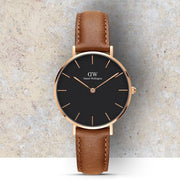 Daniel Wellington Classic Petite Durham Black Dial Brown Leather Strap Watch For Women - DW00100166