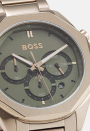 Hugo Boss Classic Chronograph Olive Green Dial Beige Gold Steel Strap Watch For Men - 1514019