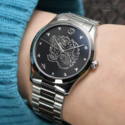 Gucci G Timeless Diamonds Black Dial Silver Steel Strap Watch For Women - YA1264125