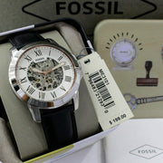 Fossil Grant Automatic Skeleton White Dial Black Leather Strap Watch for Men - ME3101