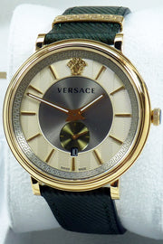 Versace V-Circle Manifesto Gold Dial Black Leather Strap Watch for Men - VBQ030017