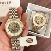Fossil Townsman Automatic Skeleton White Dial Two Tone Steel Strap Watch for Men - ME3075