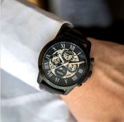 Fossil Grant Automatic Chronograph Black Dial Black Leather Strap Watch for Men - ME3028