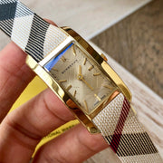 Burberry Pioneer Gold Dial Haymarket Beige Leather Strap Watch for Women - BU9509