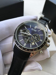 Hugo Boss Driver Sport Chronograph Blue Dial Black Leather Strap Watch for Men - 1513077