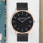 Coach Charles Black Ion Dial Black Mesh Bracelet Watch for Men - 14602470