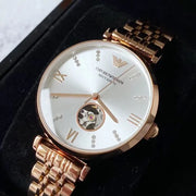 Emporio Armani Meccanico Gianni T-Bar Silver Dial Rose Gold Steel Strap Watch For Women - AR60023