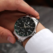 Maserati SFIDA Chronograph Black Dial Silver Steel Strap Watch For Men - R8853140005