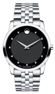 Movado Museum Diamonds Black Dial Silver Steel Strap Watch For Men - 606878