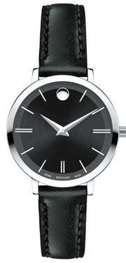 Movado Ultra Slim Black Dial Black Leather Strap Watch For Women - 0607094