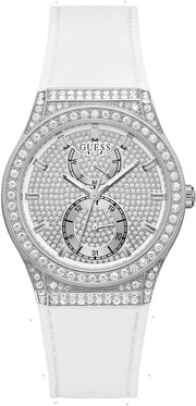 Guess Princess Crystals Silver Dial White Silicone Strap Watch For Women - GW0439L1