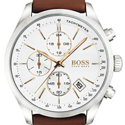 Hugo Boss Grand Prix Chronograph White Dial Brown Leather Strap Watch for Men - 1513475