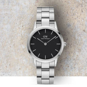 Daniel Wellington Iconic Link Black Dial Silver Steel Strap Watch For Women - DW00100206