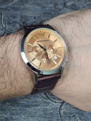 Emporio Armani Classic Chronograph Beige Dial Brown Leather Strap Watch For Men - AR2433