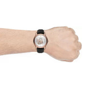 Emporio Armani Luigi Automatic Skeleton Silver Dial Black Leather Strap Watch For Men - AR60013