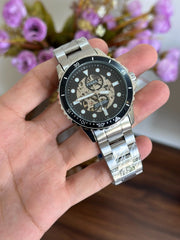 Fossil FB-01 Automatic Skeleton Black Dial Silver Steel Strap Watch for Men - ME3190