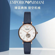 Emporio Armani Meccanico Gianni T-Bar Silver Dial Blue Leather Strap Watch For Women - AR60020