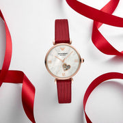 Emporio Armani Meccanico Gianni T-Bar Mother of Pearl White Dial Red Leather Strap Watch For Women - AR60048