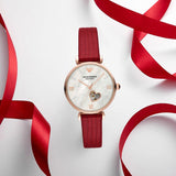 Emporio Armani Meccanico Gianni T-Bar Mother of Pearl White Dial Red Leather Strap Watch For Women - AR60048