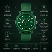 Lacoste 12.12 Chronograph Green Dial Green Silicone Strap Watch for Men - 2010973