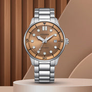 Citizen Mechanical Automatic Salmon Brown Dial Silver Steel Strap Watch for Men - NJ0191-83X
