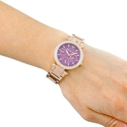Michael Kors Mini Parker Multi-Function Plum Mother of Pearl Dial Rose Gold Steel Strap Watch For Women - MK6403