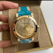 Burberry Heritage Gold Dial Blue Leather Strap Watch for Women - BU9112