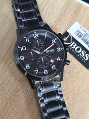 Hugo Boss Aeroliner Chronograph Black Dial Black Steel Strap Watch for Men - 1513180