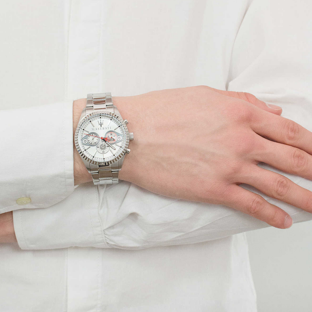 Maserati Competizione Chronograph White Dial Silver Steel Strap