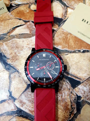 Burberry The City Chronograph Black Dial Red Rubber Strap Watch For Men - BU9805