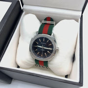 Gucci GG2570 Quartz Black Dial Green & Red Nylon Strap Watch For Men - YA142305
