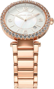 Michael Kors Parker Three-Hand Mother of Pearl White Dial Rose Gold Steel Strap Watch For Women - MK4695