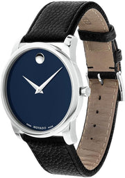 Movado Museum Blue Dial Black Leather Strap Watch For Men - 607013