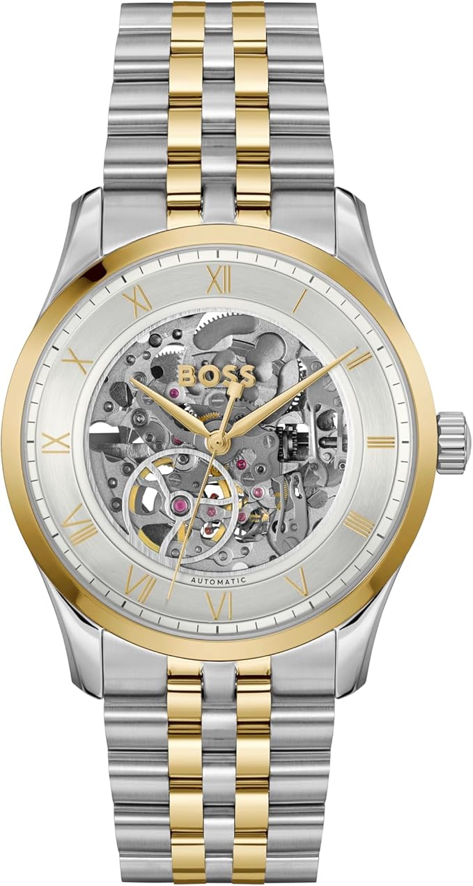 Hugo Boss Principle Skeleton Silver Dial Two Tone Steel Strap Watch for Men - 1514237
