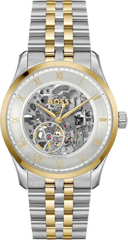 Hugo Boss Principle Skeleton Silver Dial Two Tone Steel Strap Watch for Men - 1514237