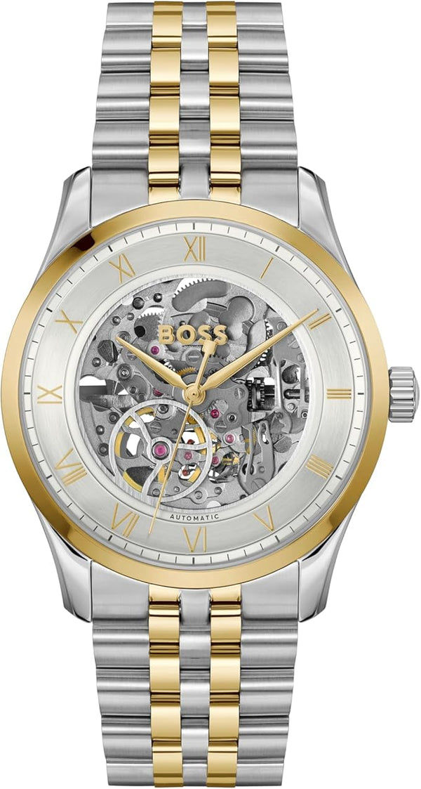 Hugo Boss Principle Skeleton Silver Dial Two Tone Steel Strap Watch for Men - 1514237