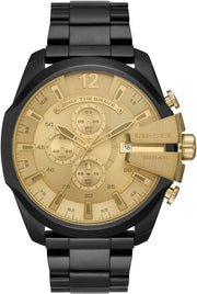 Diesel Mega Chief Chronograph Gold Dial Black Steel Strap Watch For Men - DZ4485
