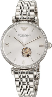 Emporio Armani Meccanico Gianni T-Bar Automatic Silver Dial Silver Steel Strap Watch For Women - AR60022