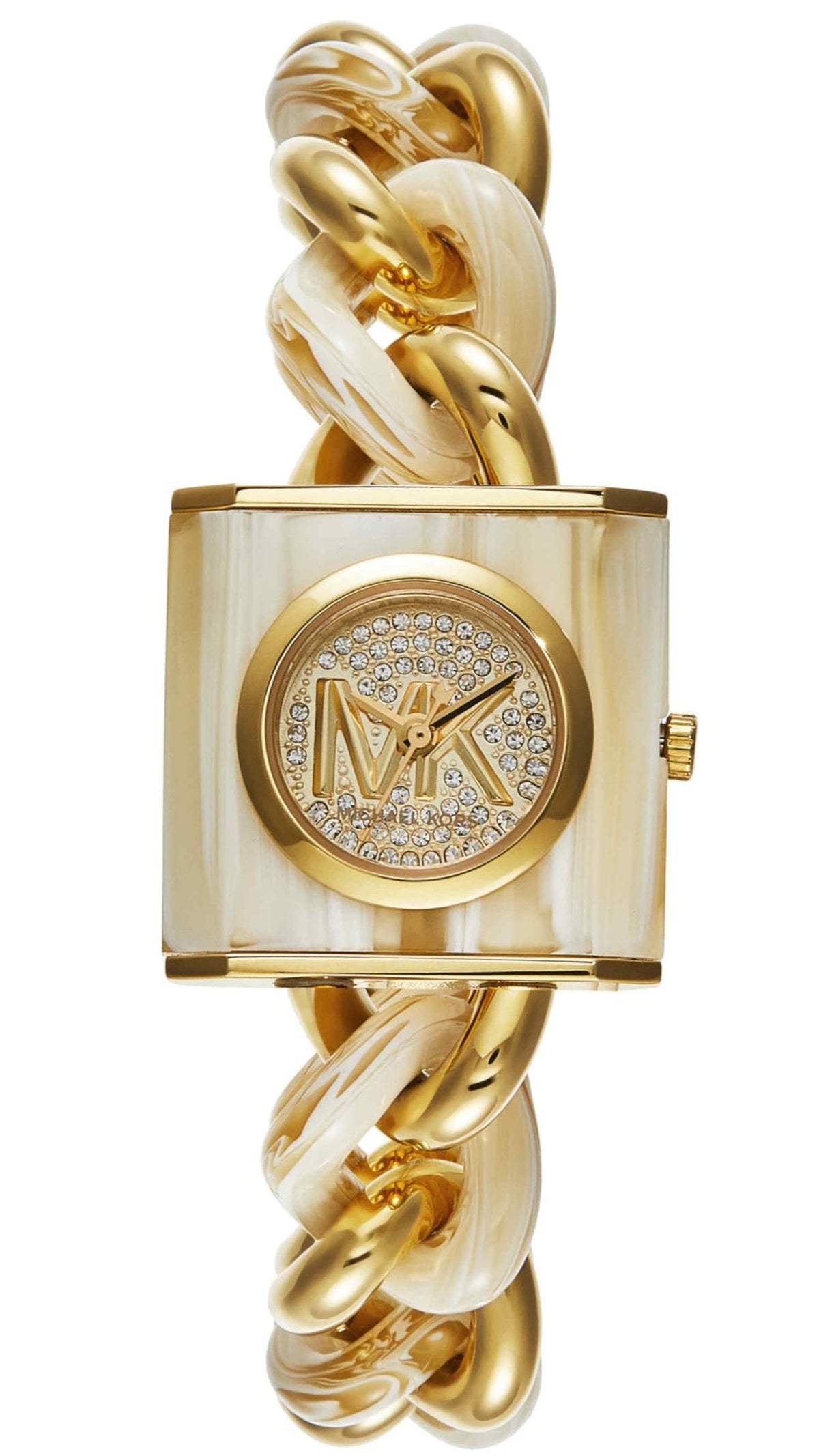 Michael Kors Chain Lock Analog Crystals Silver Dial Gold Steel Strap Watch for Women - MK4809